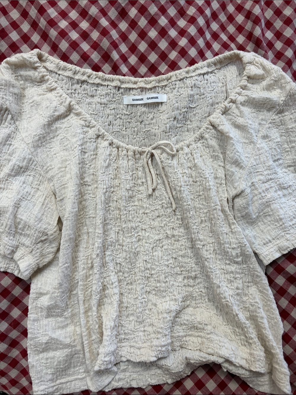 SAMSOE Cream seersucker Tie-Neck Blouse